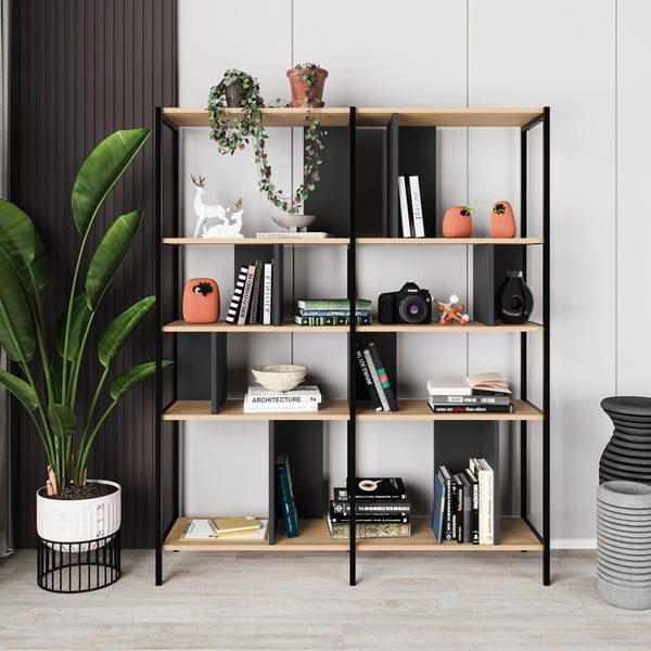 Knygų spinta  juodos spalvos/natūralios spalvos iš ąžuolo 144x175 cm Alabama – Marckeric-image-3