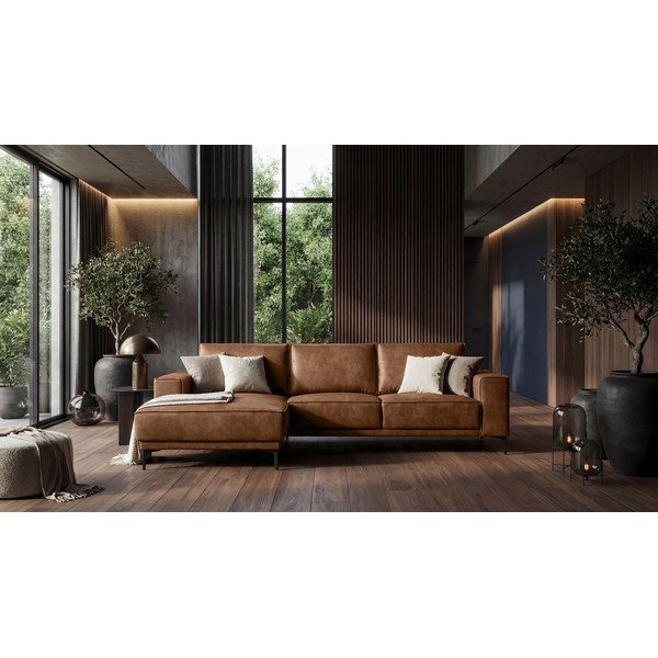 Iš dirbtinės odos kampinė sofa konjako rudos spalvos (su kairiuoju kampu) Copenhagen – Scandic-image-1