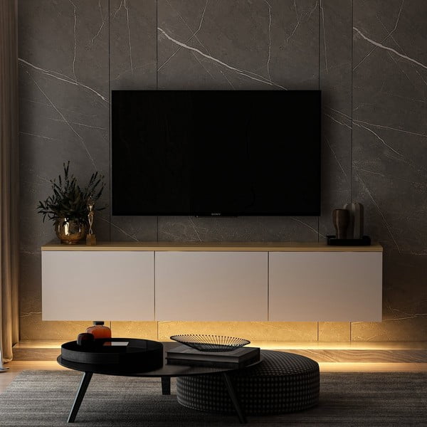 TV spintelė baltos spalvos/natūralios spalvos iš ąžuolo 160x35x32 cm Neon – Kalune Design-image-3