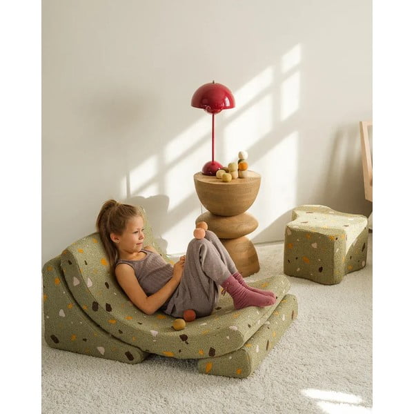 Žalios spalvos iš boucle/iš šenilinio audinio vaikiškas pufas Terrazzo Cloud – Wigiwama-image-2