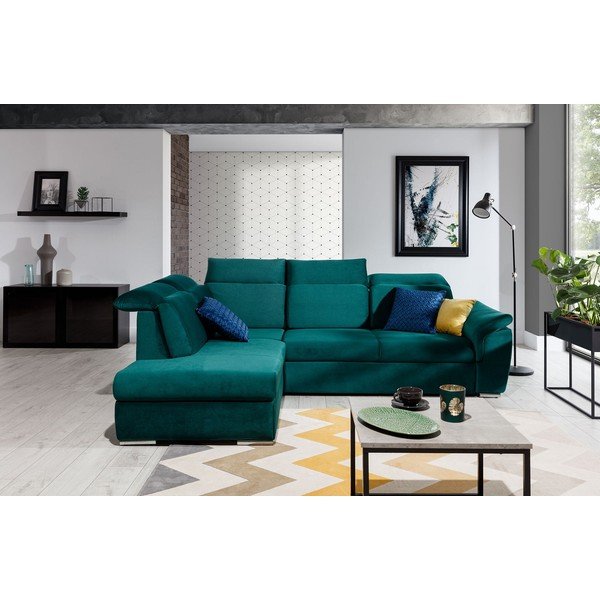 Žalios spalvos iš velveto sulankstoma/su sandėliavimo vieta kampinė sofa (su kairiuoju kampu/„L“ formos) Loreto – ELTAP-image-1