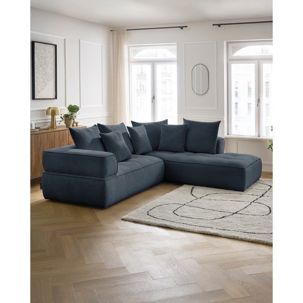 Tamsiai mėlynos spalvos iš šenilinio audinio kampinė sofa (su dešiniuoju kampu/„L“ formos) Whesley – Bobochic Paris-image-1