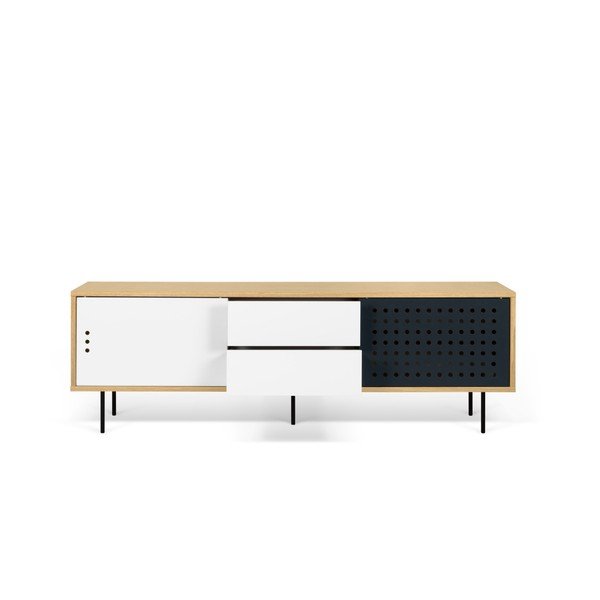 Ąžuolinė TV komoda su juodos ir baltos spalvos detalėmis TemaHome Dann Dots, 201 cm ilgio-image-1