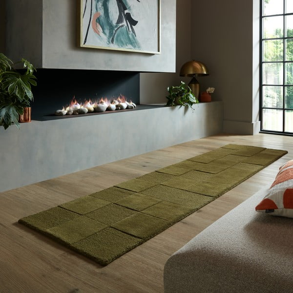 Rankų darbo iš vilnos kilimas khaki spalvos 60x230 cm Checkerboard – Flair Rugs-image-1