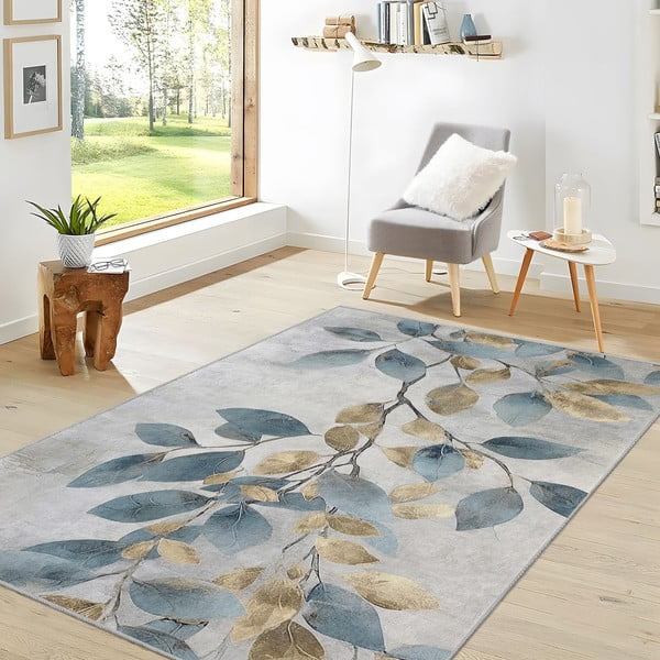 Skalbiamas kilimas šviesiai mėlynos spalvos/auksinės spalvos 160x230 cm Golden Leaves – Mila Home-image-2
