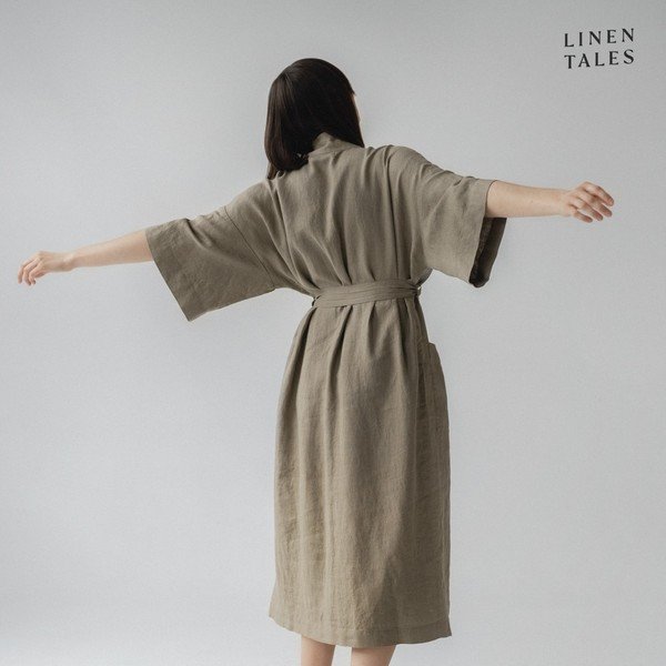 Chaki spalvos lininis chalatas L/XL dydžio Summer - Linen Tales-image-3