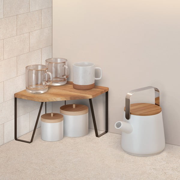 Kampinė matinės juodos spalvos/natūralios spalvos iš medienos papildoma virtuvės lentyna 25x25 cm York – Metaltex-image-1