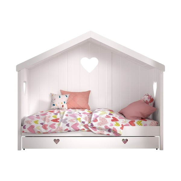 Naminė/ištraukiama iš pušies masyvo vaikiška lova baltos spalvos su sandėliavimo vieta 90x200 cm AMORI – Vipack