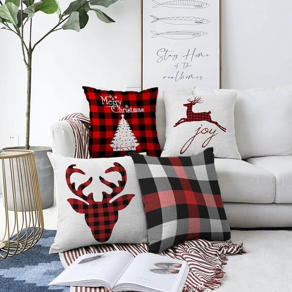 4 kalėdinių šenilinių pagalvėlių užvalkalų rinkinys Minimalist Cushion Covers Christmas Tartan, 55 x 55 cm