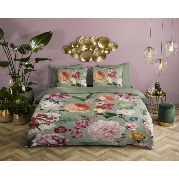 Žalios spalvos iš satino medvilnės viengulė/itin ilga patalynė 140x220 cm Fiori – Descanso-image-1
