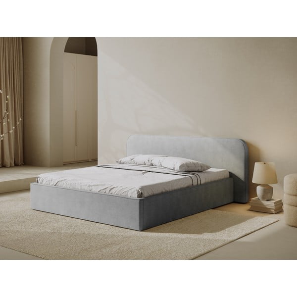 Šviesiai pilkos spalvos dvigulė lova audiniu dengta su sandėliavimo vieta su lovos grotelėmis 200x200 cm Elizabeth – Micadoni -image-1