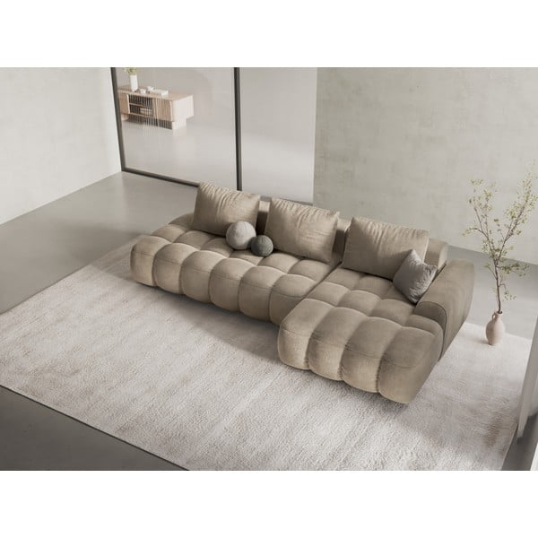 Smėlio spalvos iš velveto sulankstoma/su sandėliavimo vieta kampinė sofa (su dešiniuoju kampu/su gultu) Linz – Cosmopolitan Design-image-1