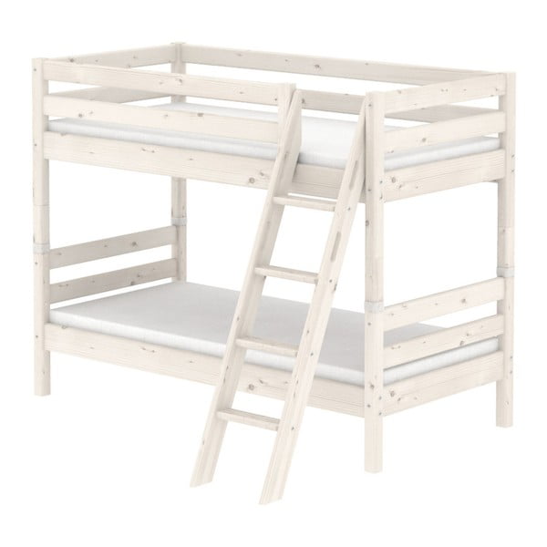 Baltos pušies dviaukštė lova su kopėčiomis Flexa Classic, 90 x 200 cm