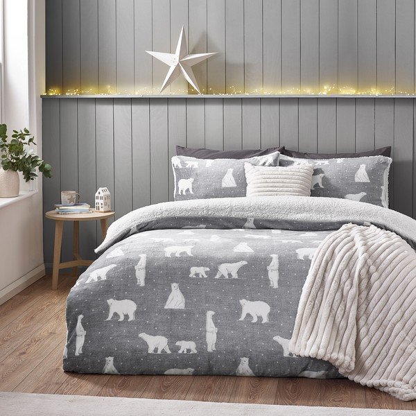 Pilkos spalvos iš sherpa vilnos viengulė patalynė 135x200 cm Cosy Polar Bear – Catherine Lansfield-image-4