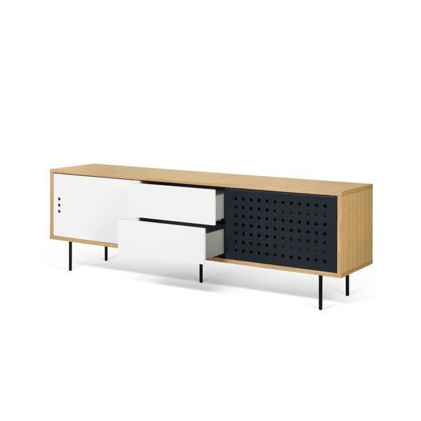 Ąžuolinė TV komoda su juodos ir baltos spalvos detalėmis TemaHome Dann Dots, 201 cm ilgio-image-3