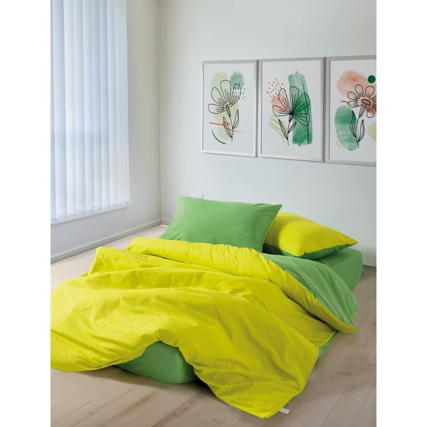 Geltonos spalvos/žalios spalvos iš ranforce medvilnės dvigulė/itin ilga patalynė su paklode/4 dalių 200x220 cm Sage – Mijolnir