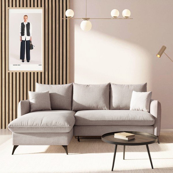 Pilkos spalvos iš boucle sulankstoma/su sandėliavimo vieta kampinė sofa (su kairiuoju kampu/su gultu) Brim – Rodier-image-1
