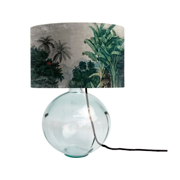 Žalio stiklo stalinis šviestuvas su tekstiliniu gaubtu Tierra Bella Tropical Jungle, aukštis 45 cm