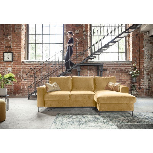 Garstyčių geltonos spalvos aksominė kampinė sofa Miuform Lofty Lilly, dešinysis kampas-image-1