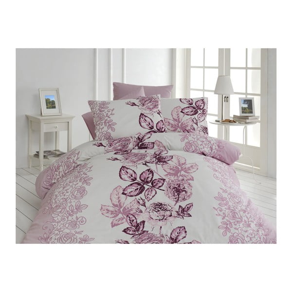 Violetinės ir baltos spalvos medvilninė patalynė su paklode dvivietei lovai Lamer, 200 x 220 cm