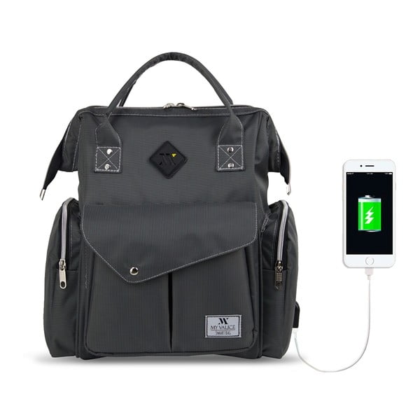 Pilka kuprinė mamoms su USB jungtimi My Valice HAPPY MOM Baby Care Backpack-image-4