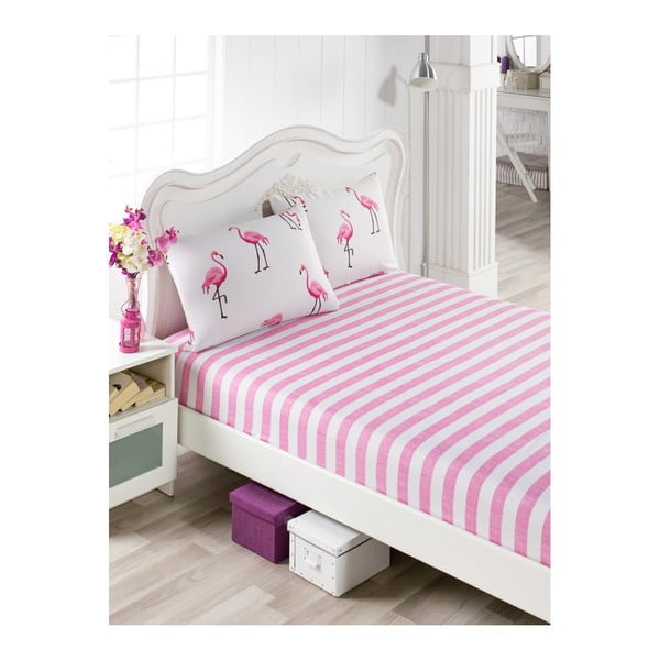 Rausvos spalvos paklodės ir 2 užvalkalų komplektas dvivietei lovai "Flamingai", 160 x 200 cm