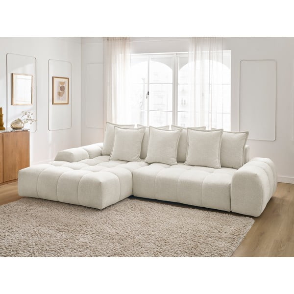 Baltos spalvos iš šenilinio audinio sulankstoma/su sandėliavimo vieta kampinė sofa (su kairiuoju kampu/su gultu) Everest – Bobochic Paris-image-1