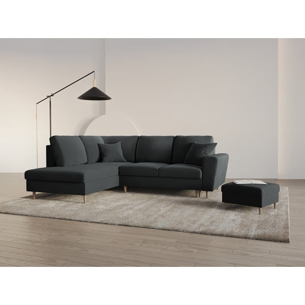 Tamsiai pilkos spalvos iš velveto sulankstoma/su sandėliavimo vieta kampinė sofa (su kairiuoju kampu/„L“ formos) Kyoto – Cosmopolitan Design-image-2