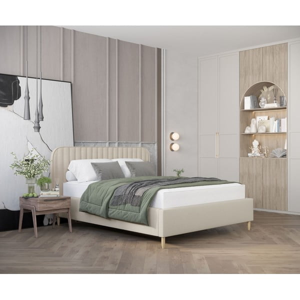 Dvigulė lova smėlio spalvos audiniu dengta su sandėliavimo vieta su lovos grotelėmis 180x200 cm Noto – Maison de Rêve-image-1