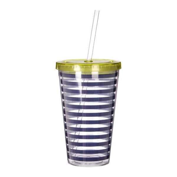 Mėlynai ir baltai dryžuotas puodelis su žaliu dangteliu Premier Housewares Mimo, 450 ml