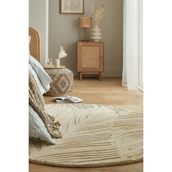 Smėlio spalvos vilnonis apvalus kilimas ø 160 cm Leaf - Flair Rugs-image-4