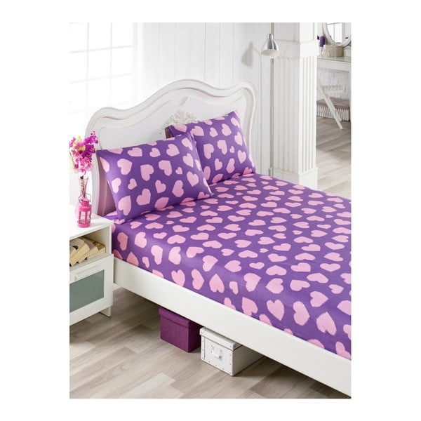 Mulena Punteja medvilninis violetinės ir rožinės spalvos viengulės lovos paklodės ir 2 užvalkalų rinkinys, 100 x 200 cm