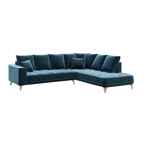 Tamsiai mėlyna aksominė kampinė sofa Devichy Chloe, dešinysis kampas, 288 cm