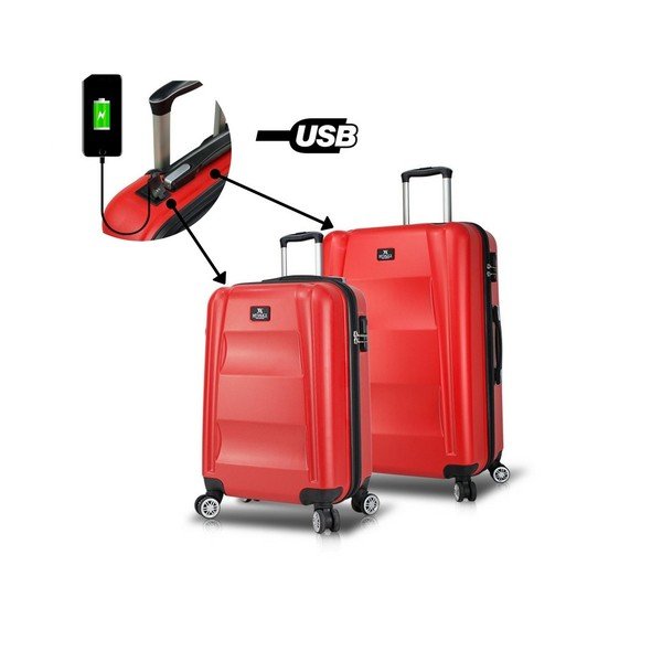 2 raudonų kelioninių lagaminų ant ratukų su USB jungtimis rinkinys My Valice LASSO Cabin & Medium-image-1