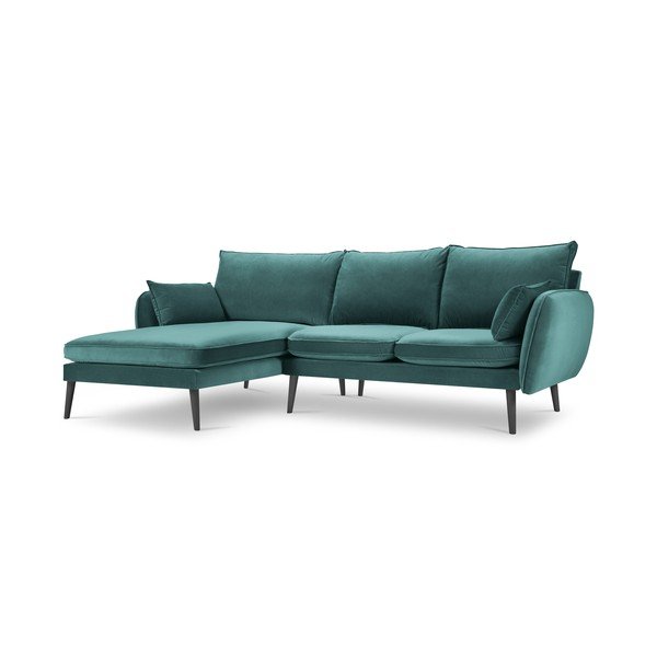 Smaragdo spalvos aksominė kampinė sofa su juodomis kojomis Kooko Home Lento, kampas kairėje-image-2