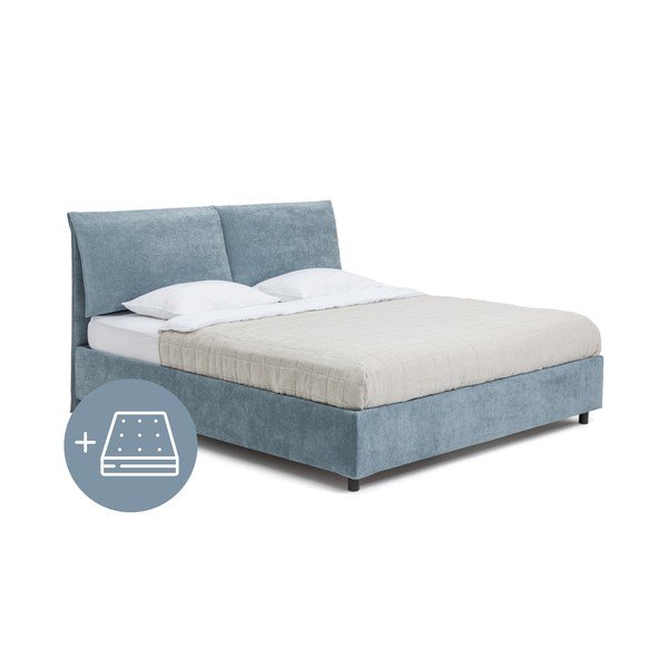 Mėlyna minkšta dvigulė lova su čiužiniu ir grotelėmis 160x200 cm Myra Pillow - Bonami Selection