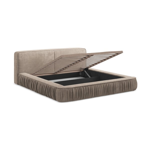 Smėlio spalvos minkšta dvigulė lova su dėže ir grotelėmis 160x200 cm Keoni - Makamii-image-4