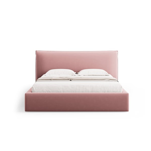 Dvigulė lova rožinės spalvos audiniu dengta su sandėliavimo vieta su lovos grotelėmis 160x200 cm Elio – Milo Casa-image-3