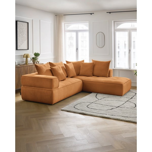 Garstyčių spalvos iš šenilinio audinio kampinė sofa (su dešiniuoju kampu/„L“ formos) Whesley – Bobochic Paris-image-1