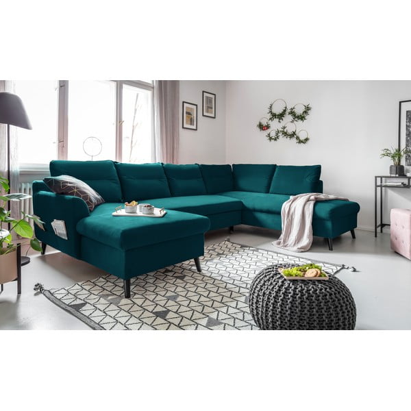 Turkio spalvos aksominė U formos sofa-lova Miuform Stylish Tent, dešinysis kampas-image-3
