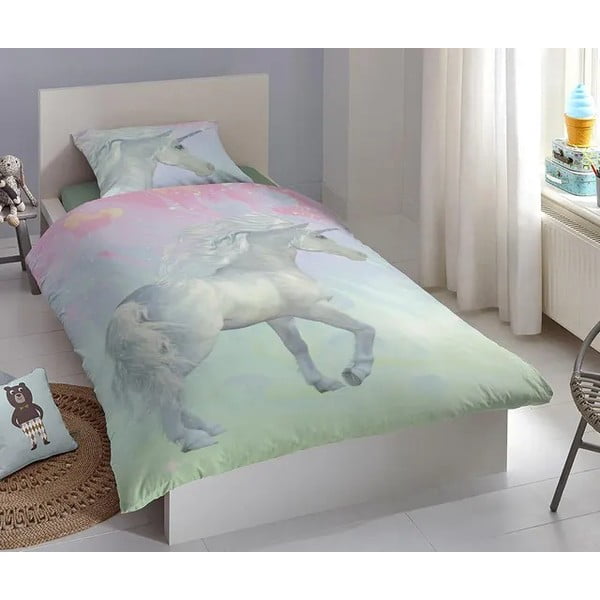 Medvilninė vaikiška patalynė Good Morning Green Unicorn, 140 x 200 cm-image-1