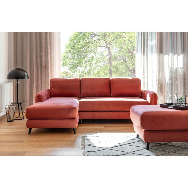 Raudonos spalvos aksominė kampinė sofa su pakoja Miuform Cozy Claire, kairysis kampas-image-3