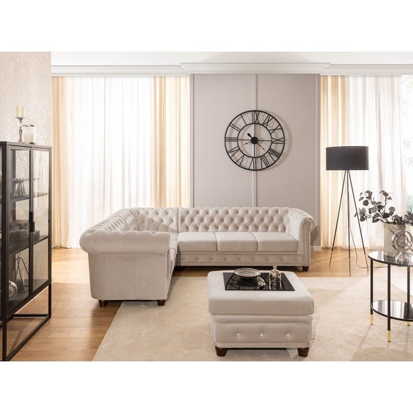 Smėlio spalvos sulankstoma kampinė sofa iš velveto (su kairiuoju kampu/„L“ formos) York Blik – Ropez-image-4