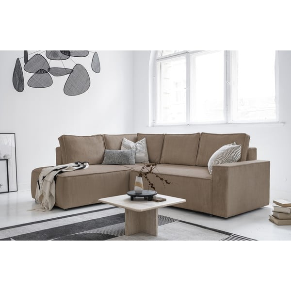 Iš kordinio velveto sulankstoma kampinė sofa smėlio spalvos (su kairiuoju kampu) Brave Dave – Miuform-image-3