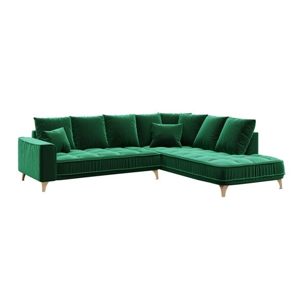 Tamsiai žalia aksominė kampinė sofa Devichy Chloe, dešinysis kampas, 288 cm