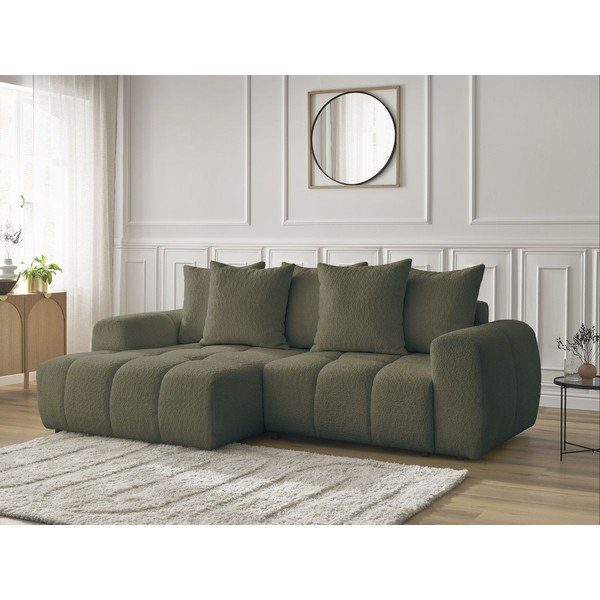 Khaki spalvos sulankstoma/su sandėliavimo vieta kampinė sofa iš boucle (su kairiuoju kampu/su gultu) Roxelane – Bobochic Paris-image-3