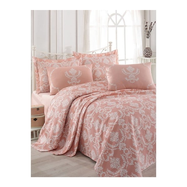 Rausvos spalvos medvilninė lovatiesė su paklode ir pagalvių užvalkalais Anna, 200 x 235 cm