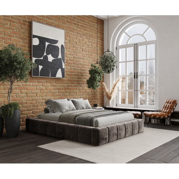 Dvigulė lova rudos spalvos audiniu dengta su sandėliavimo vieta su lovos grotelėmis 200x200 cm Aruba L – Maison de Rêve-image-1