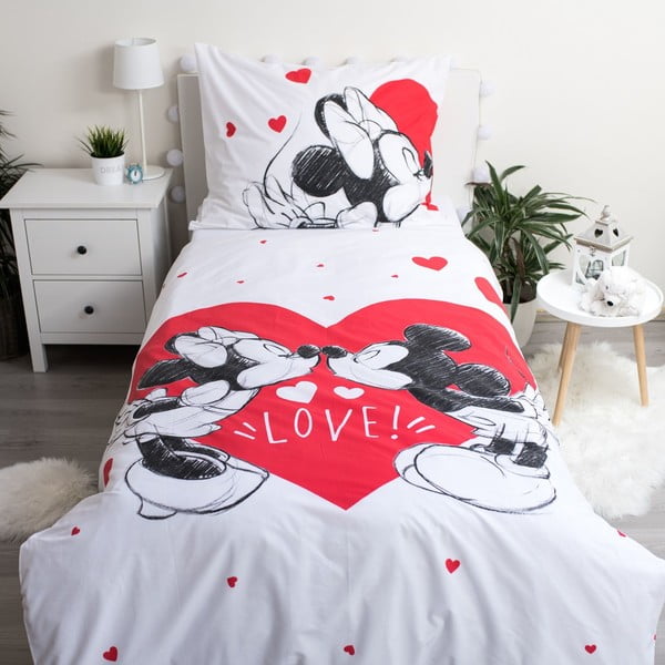 Raudonos spalvos/baltos spalvos iš medvilnės viengulė vaikiška patalynė 140x200 cm Mickey and Minnie "Love" – Jerry Fabrics-image-1