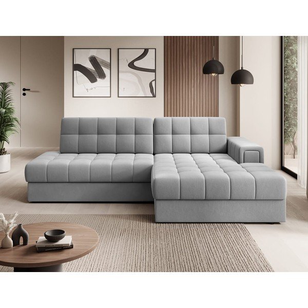 Pilkos spalvos iš velveto sulankstoma kampinė sofa (su dešiniuoju kampu/su gultu) Blezalt – ELTAP-image-1